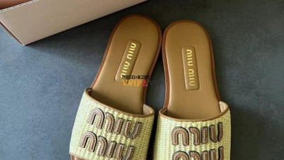 미우미우 MIU MIU 라피아 이펙트 패브릭 로고 뮬 슬라이드 슬리퍼 네추럴 5XX644 3LOM F0018 F 005 검수사진 #차차샵
