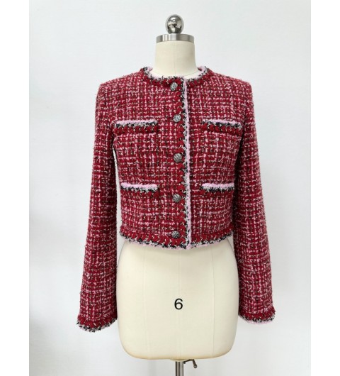 샤넬 25FW 25K 트위드 자켓 체크 자수 숏 재킷 라운드넥 레드 핑크 블랙 P80457 36 38 40 #타지아