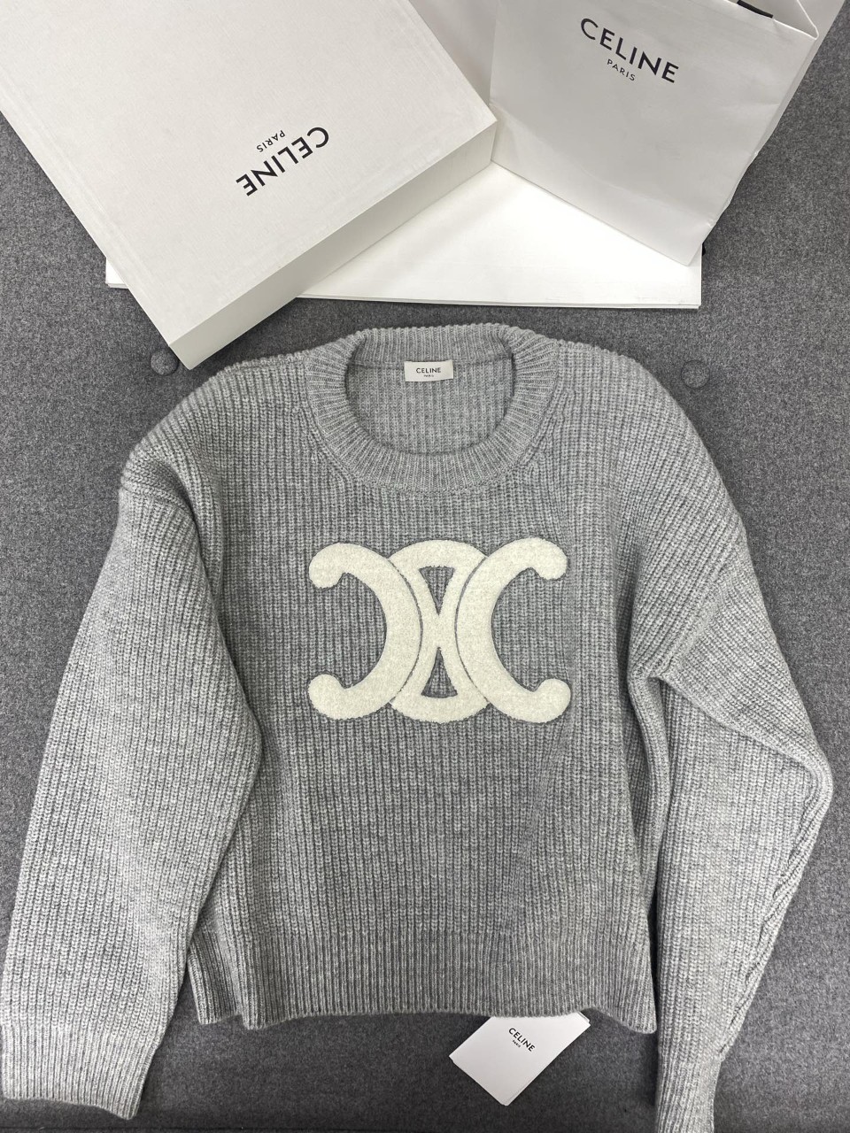 셀린느 크루넥 니트 스웨터 리브드 울 미디엄 그레이 RY0GS423P-09GM S M L