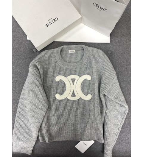 셀린느 크루넥 니트 스웨터 리브드 울 미디엄 그레이 RY0GS423P-09GM S M L