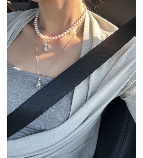 크롬하츠 X 미키모토 협업 십자가 펜던트 진주 목걸이 43cm #폭스샵