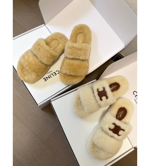 셀린느 베이지 더블 스트랩 퍼 슬리퍼 343554434C 19TO 35~39 굽 4cm