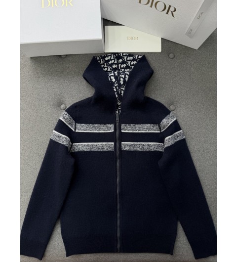 디올 리버서블 후드 지퍼 가디건 블루 Dior Oblique 모티브 캐시미어 블렌드 니트 054G12AM055_X5820 38 40 42