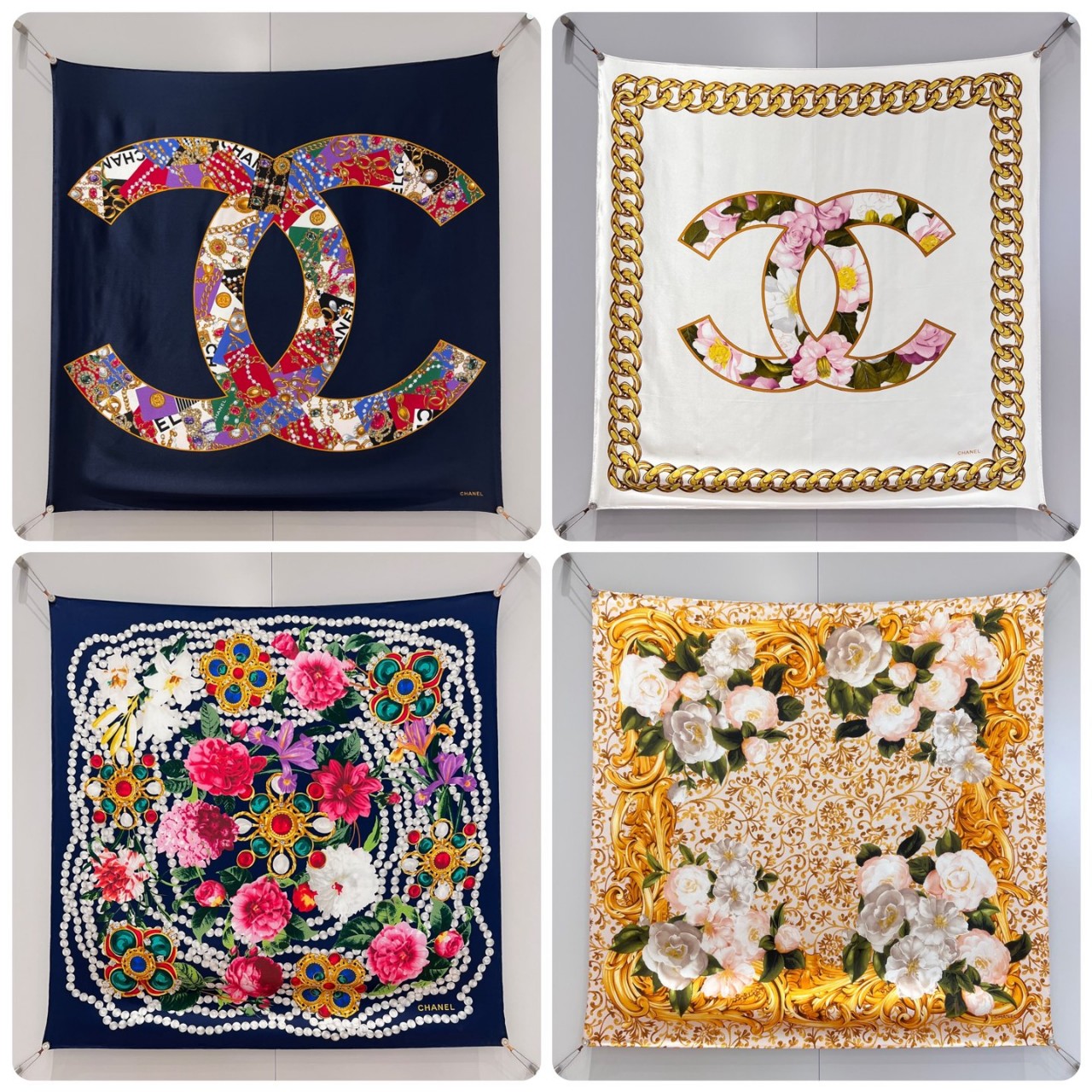 샤넬 26C 크루즈 미니 실크 스카프 반다나 CC로고 골드 체인 프린트 네이비 AAB602 90*90cm 100%실크