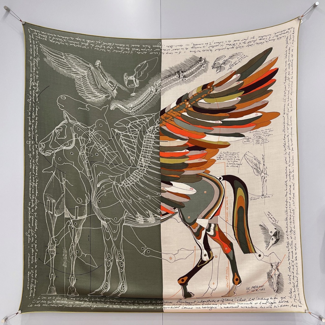 에르메스 HERMES 페가수스 실크 케이프 숄 스카프, 카키색 136*137cm 70%캐시미어 + 30%실크