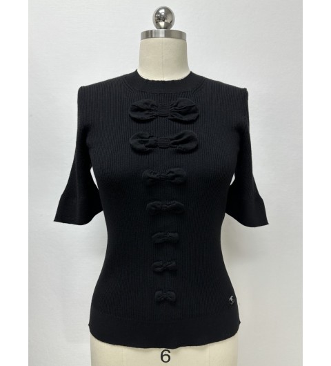 샤넬 Chanel 25K 리본 장식 반소매 울 니트 탑 36 38 40 #타지아