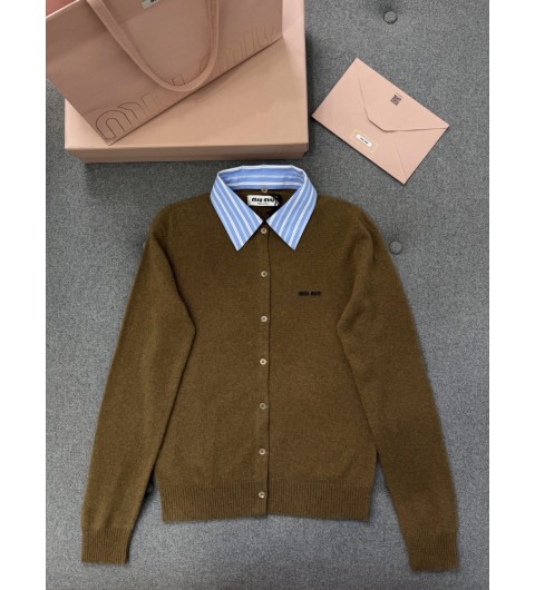 미우미우 칼라 엠벨리시드 캐시미어 가디건 토바코 셀레스트 MMF990-174L-F0YVO 38 40 42
