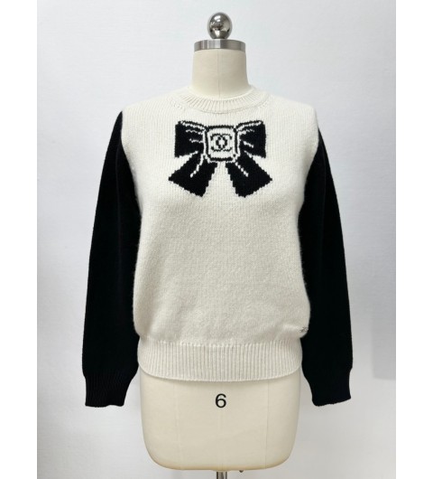 샤넬 25N 코코네쥬 풀오버 리본 CC로고 캐시미어 니트 울 투톤 에크루 블랙 P79718 36 38 40 #타지아