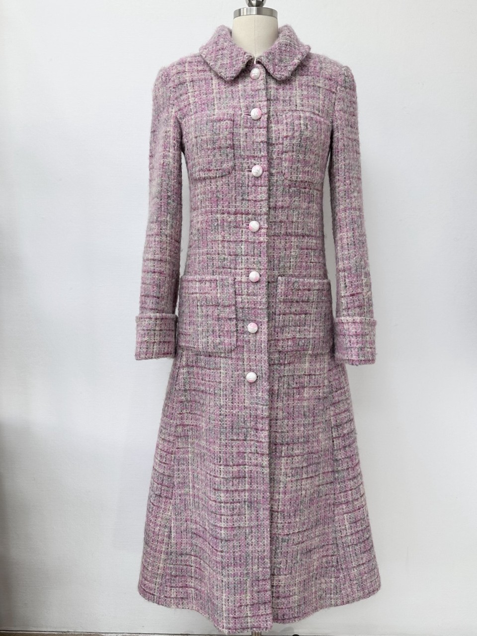 샤넬 CHANEL 2025/26 가을-겨울 프리-컬렉션 코트 울, 모헤어 트위드  핑크, 에크루, 그린 롱코트 자켓 P80390 36 38 40 #타지아