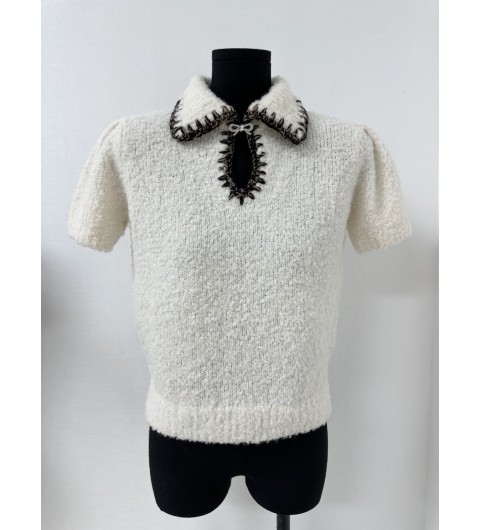 샤넬 25N 코코네쥬 리본 반팔 니트 탑 쇼트 슬리브 캐시미어 알파카 화이트 P79711 36 38 40 #타지아