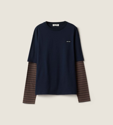 미우미우 로고 패치 레이어링 티셔츠 블루카카오브라운 MJL128 17OR F057W S M L #터비에빵