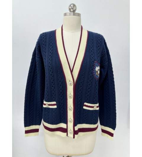 샤넬 26C 크루즈 캐시미어 가디건 브이넥 CC로고 패치 투톤 네이비 옐로우 P81052 36 38 40 #타지아